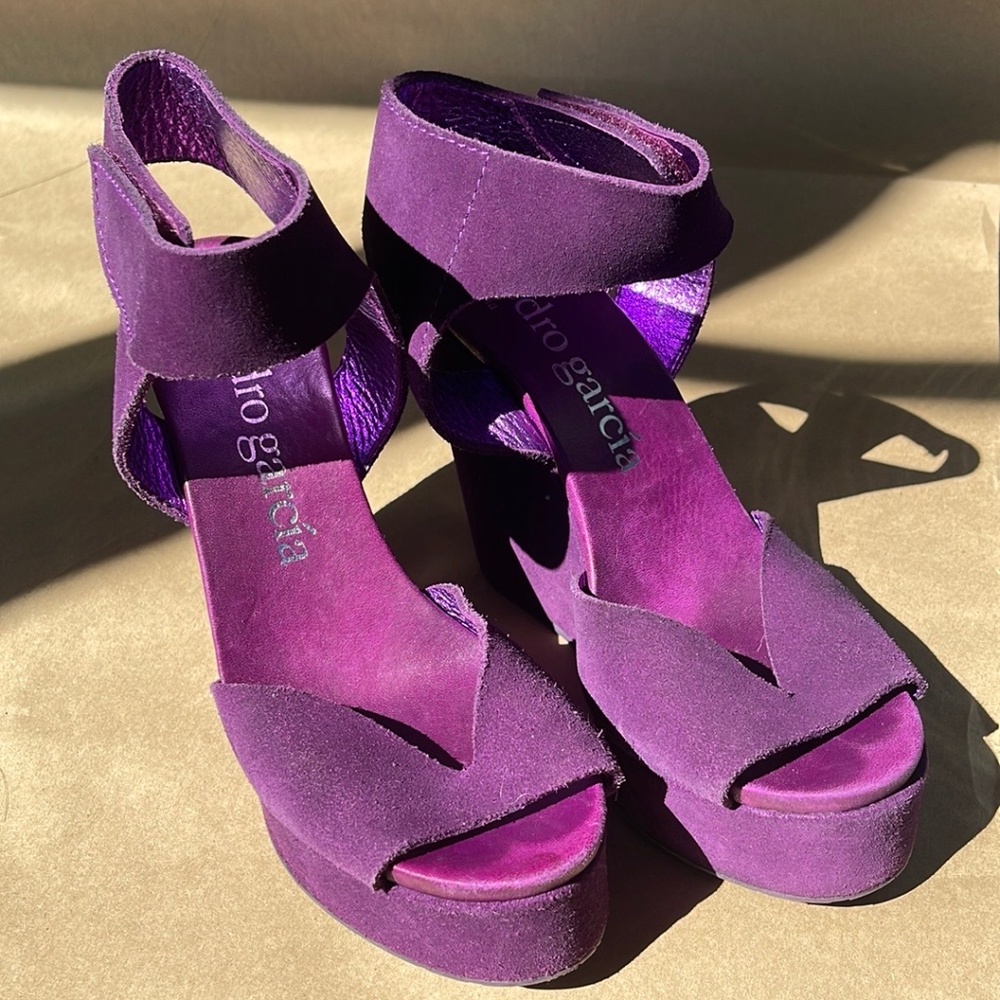 Pedro Garcia Purple Suede Leather Wedge Platform Sandal